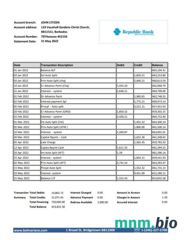 Barbados first citizens Bank statement template w formacie Word i PDF